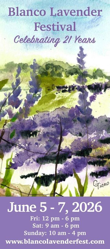 Blanco Lavender Festival poster with watercolor lavender illustration and event details for June 2026.