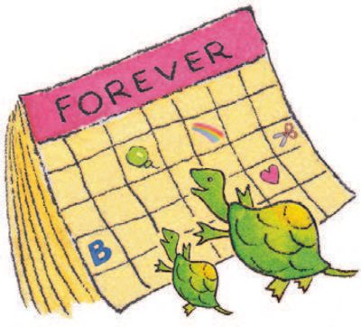 Two small turtles looking at a calendar called "forever."