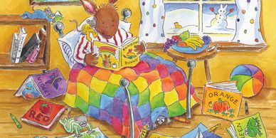 Bunny in bed, reading a book while mice look on.