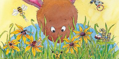 Bunny looking into a grassy knoll. There are small bugs playing various instruments 