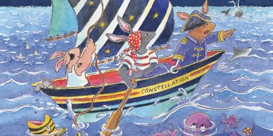 Bunnies pretending to be pirates in a boat. One bunny has a hook for hand. Sea life all around. 