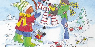 Bunnies and mice build snowmen. Snow covers the ground.