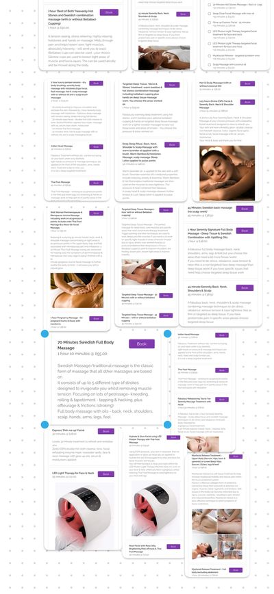 A detailed collage of massage service descriptions and booking options with images of relaxing treatments.