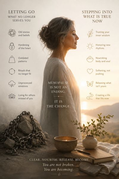 A woman embracing menopause with calm and wisdom, surrounded by symbols of letting go and stepping into new truths.