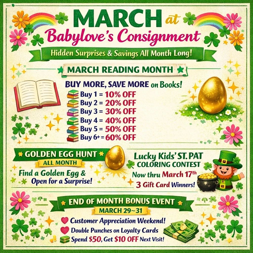 March sales reading month books golden egg hunt savings coloring contest win gift card appreciation