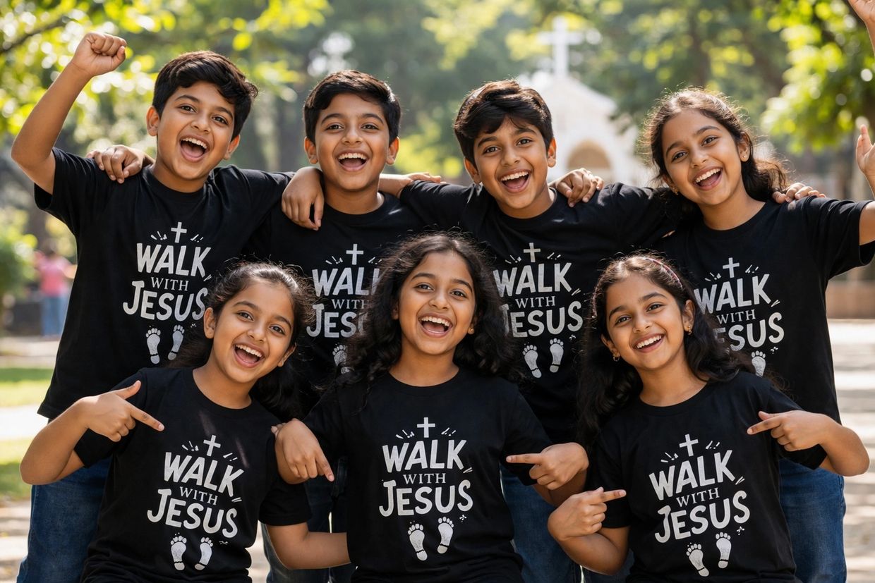 A happy group of children wearing matching "Walk with Jesus" T-shirts outdoors.