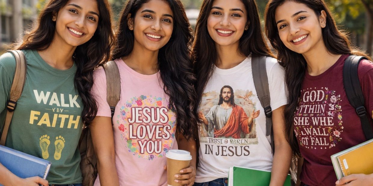 Four smiling young women wearing faith-inspired shirts and carrying books.