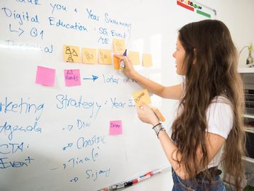 Product Development represented by a person planning a project using a whiteboard and post-it notes