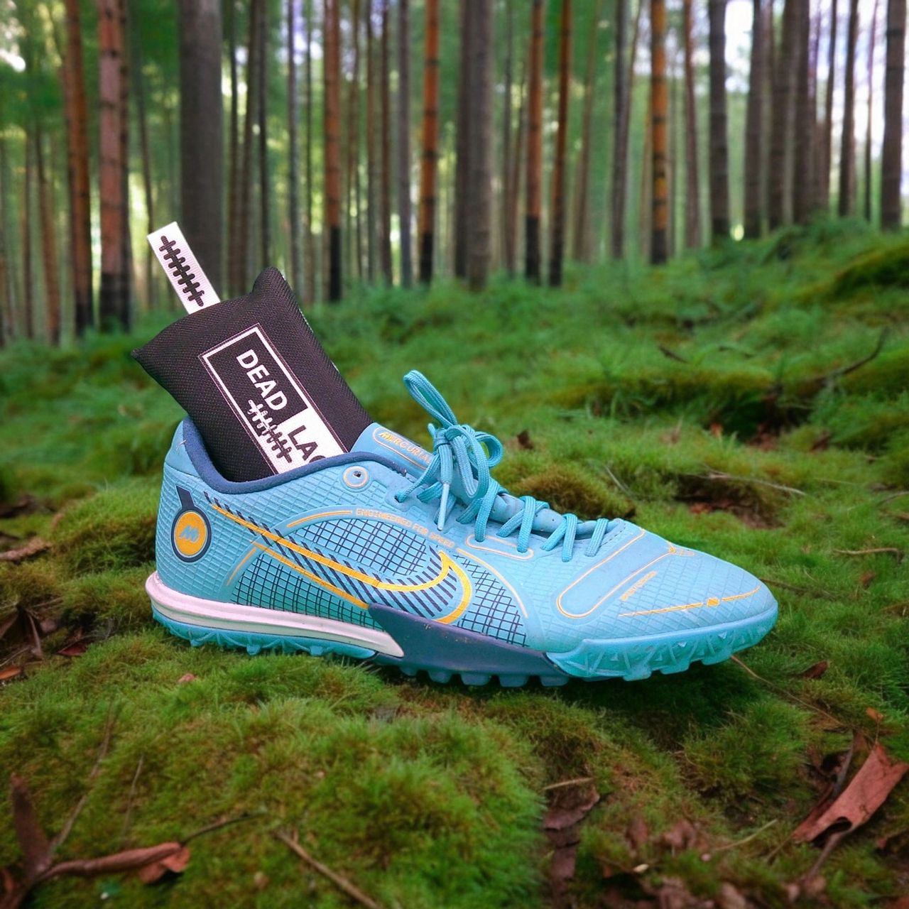 DeadLaces Deodoriser Bag shown in sports trainer shoe in forest environment DeadLaces Deodoriser Bag shown in sports trainer shoe in forest environment