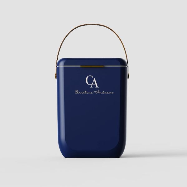 Elegant navy blue container with leather handle and CA logo.