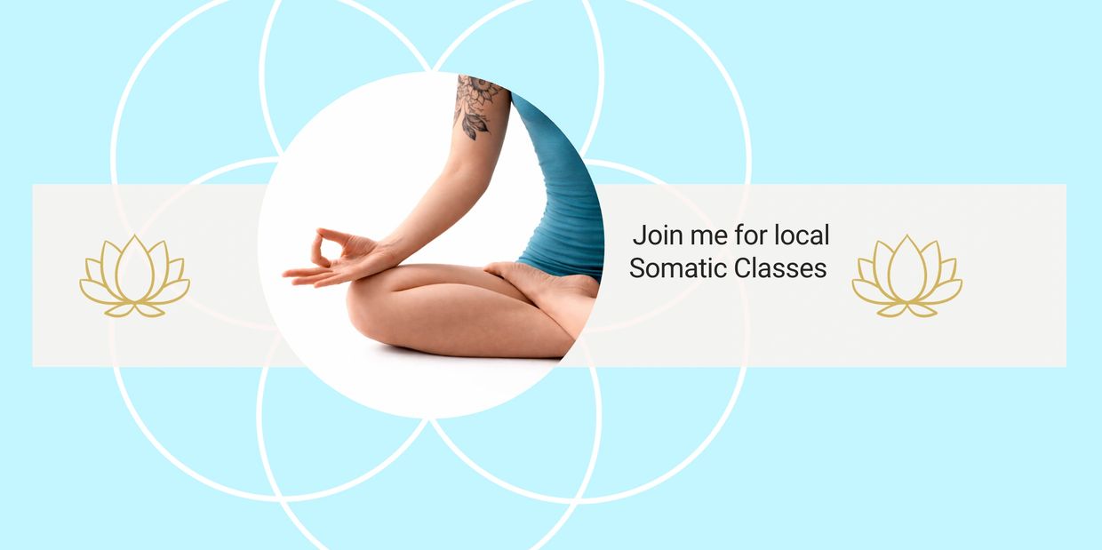 Person meditating with invitation to local Somatic Classes on serene blue background.