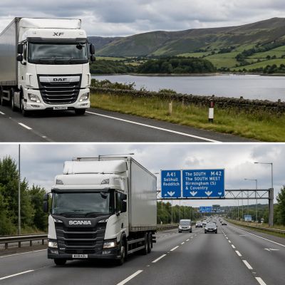 Two large trucks driving on different highways in countryside and forest settings.