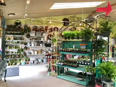 Indoor garden center with plants and pots.