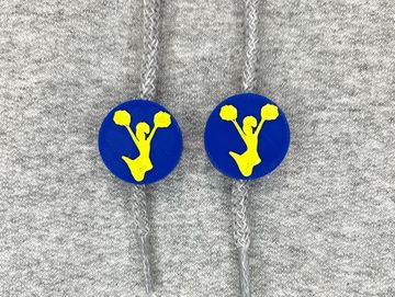 Silhouetted cheerleader charm in dark blue and gold on sweatshirt drawstring.