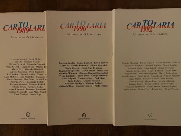 Copertine di tre annuari di letteratura Car to Laria 1989, 1990 e 1992.
