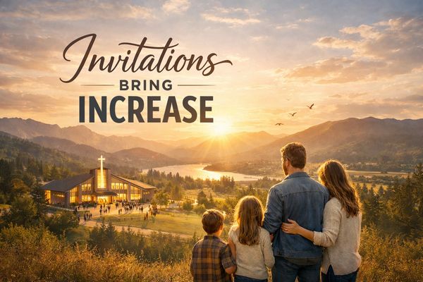Family watches sunset over church and mountains with inspirational text.
