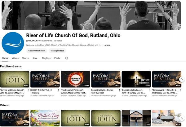 YouTube channel homepage of River of Life Church Of God, Rutland, Ohio.