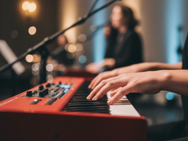 Hands playing a red keyboard piano with blurred musicians in the background.