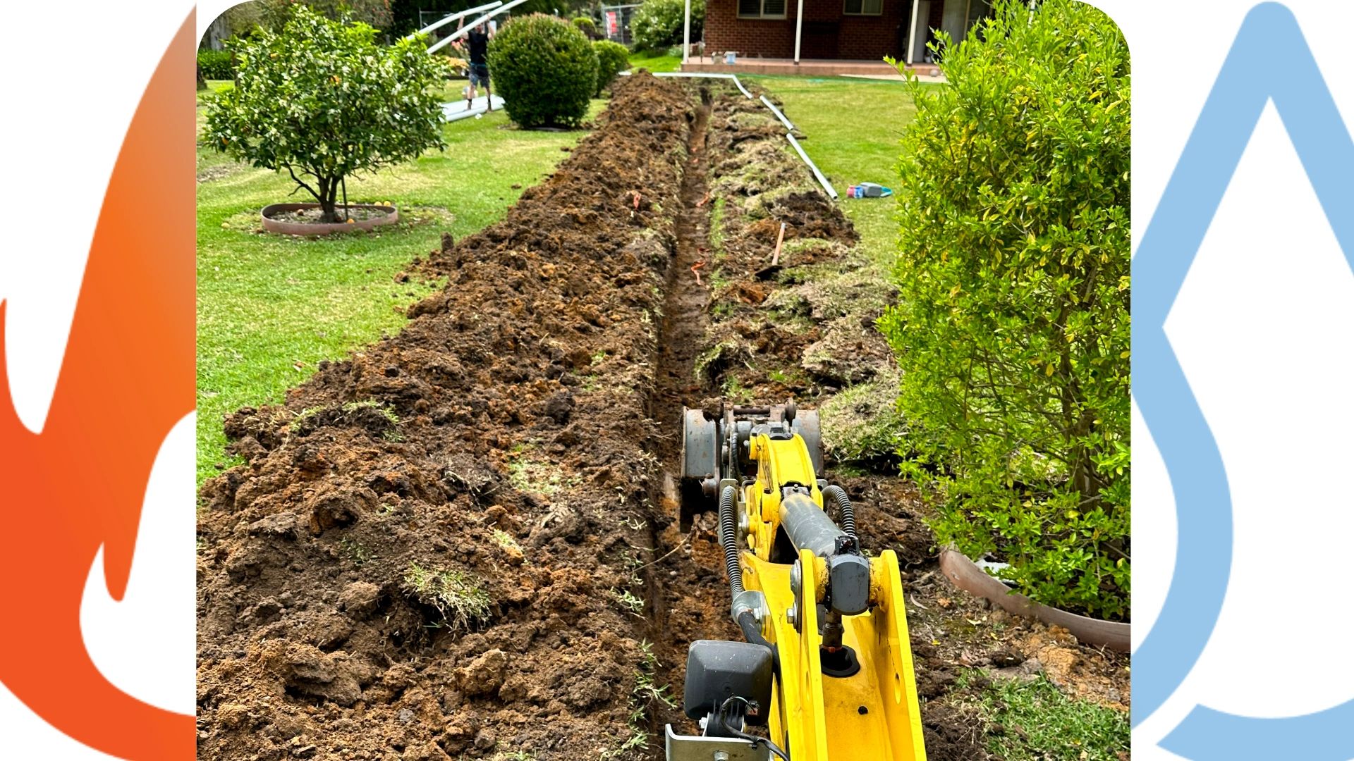 A yellow excavator digging a long trench in a garden.