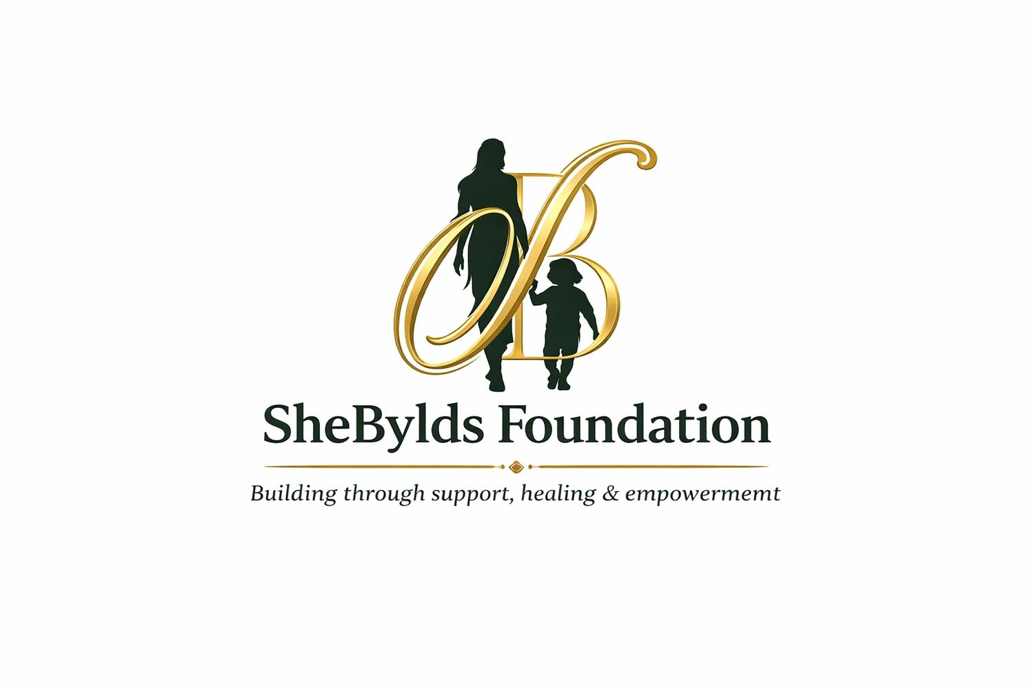 Logo of SheBylds Foundation featuring a woman and child silhouette with elegant gold letters.