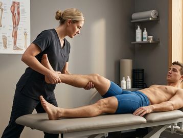 Physical therapist working on patient's leg.