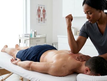 Therapist giving a deep tissue massage to a man.