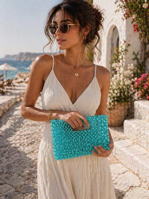 Woman in a white dress holding a turquoise beaded clutch by the seaside.