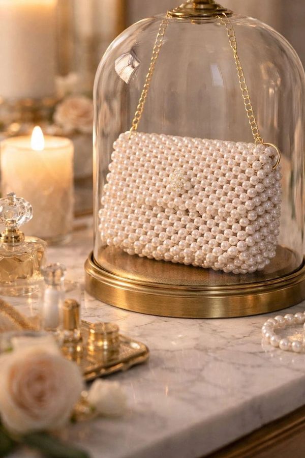 Pearl handbag displayed under a glass dome with warm candlelight.