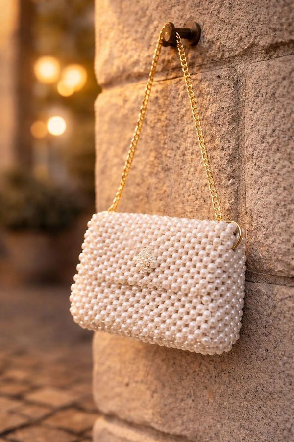 Elegant pearl-studded handbag with a gold chain hanging on a stone wall.