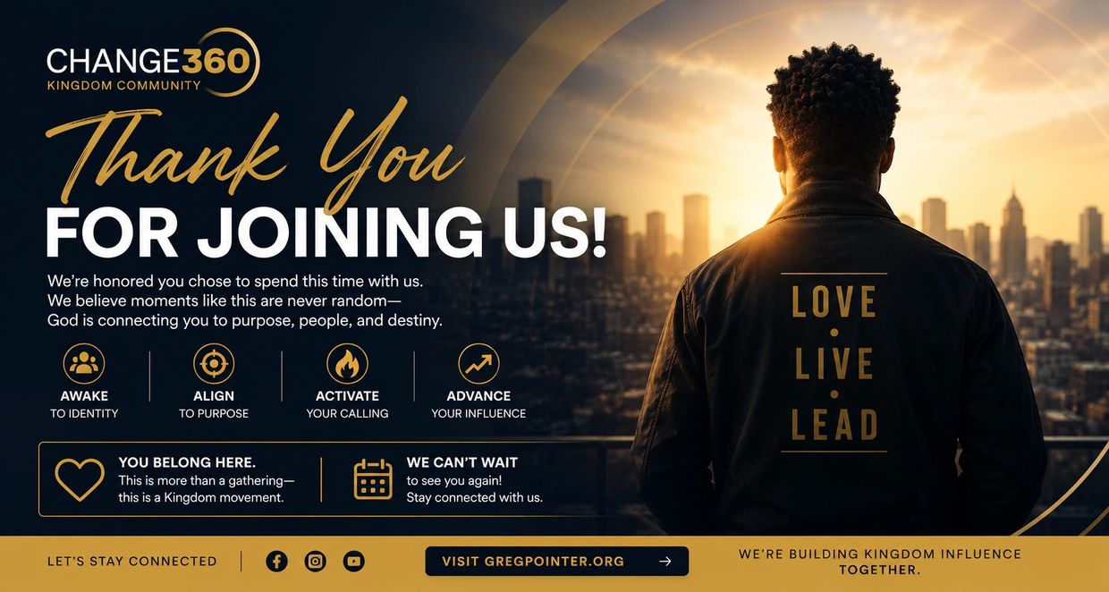 Thank you message from Change360 Kingdom Community with a cityscape and a person facing the sunset.