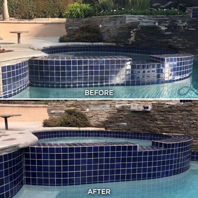 Before and after images of a renovated pool spa with new blue tiles and smooth edges.