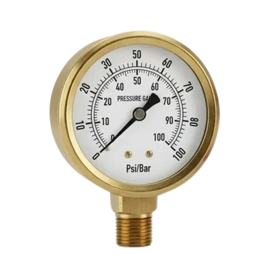 A brass pressure gauge measuring psi and bar units.