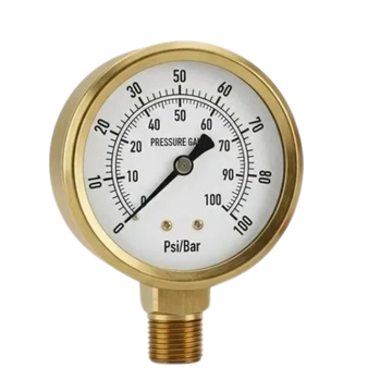 A brass pressure gauge measuring psi and bar units.