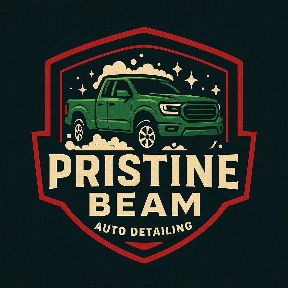 Logo featuring a green pickup truck with shining stars and bubbles for Pristine Beam Auto Detailing.