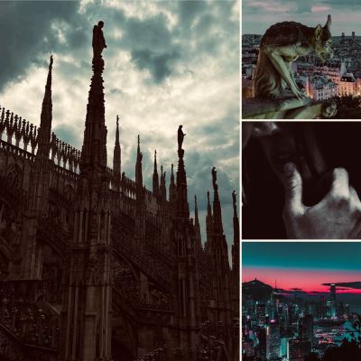 Gothic architecture, city skyline, cat, and close-up hand images.