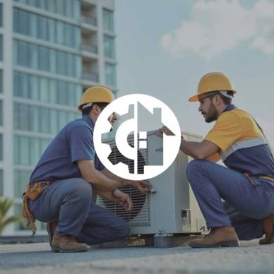 Two workers repairing an air conditioning unit on a rooftop.