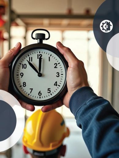 Hands holding a stopwatch showing 11:58, worker with yellow helmet blurred.