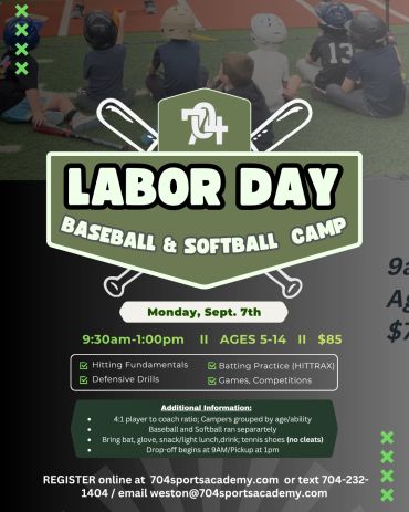 Labor Day baseball and softball camp flyer.