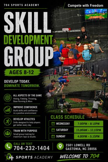 Flyer for 704 Sports Academy's Skill Development Group for ages 8-12.