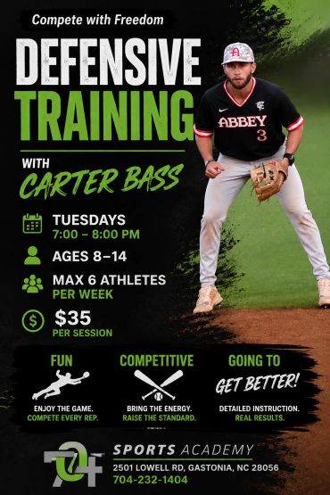 Baseball defensive training sessions with Carter Bass for kids aged 8-14.