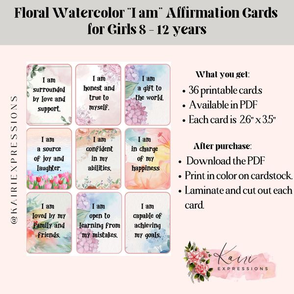 Floral watercolor affirmation cards for girls aged 8-12 with positive messages and printable PDF format.