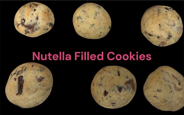 Six Nutella filled cookies displayed on a black background with text.