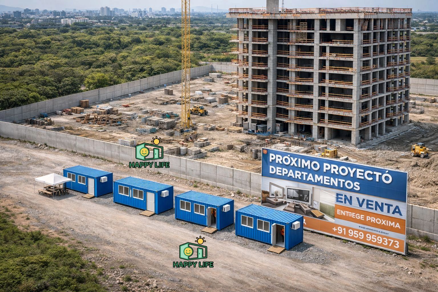 Construction site with a building under development and sales office containers.
