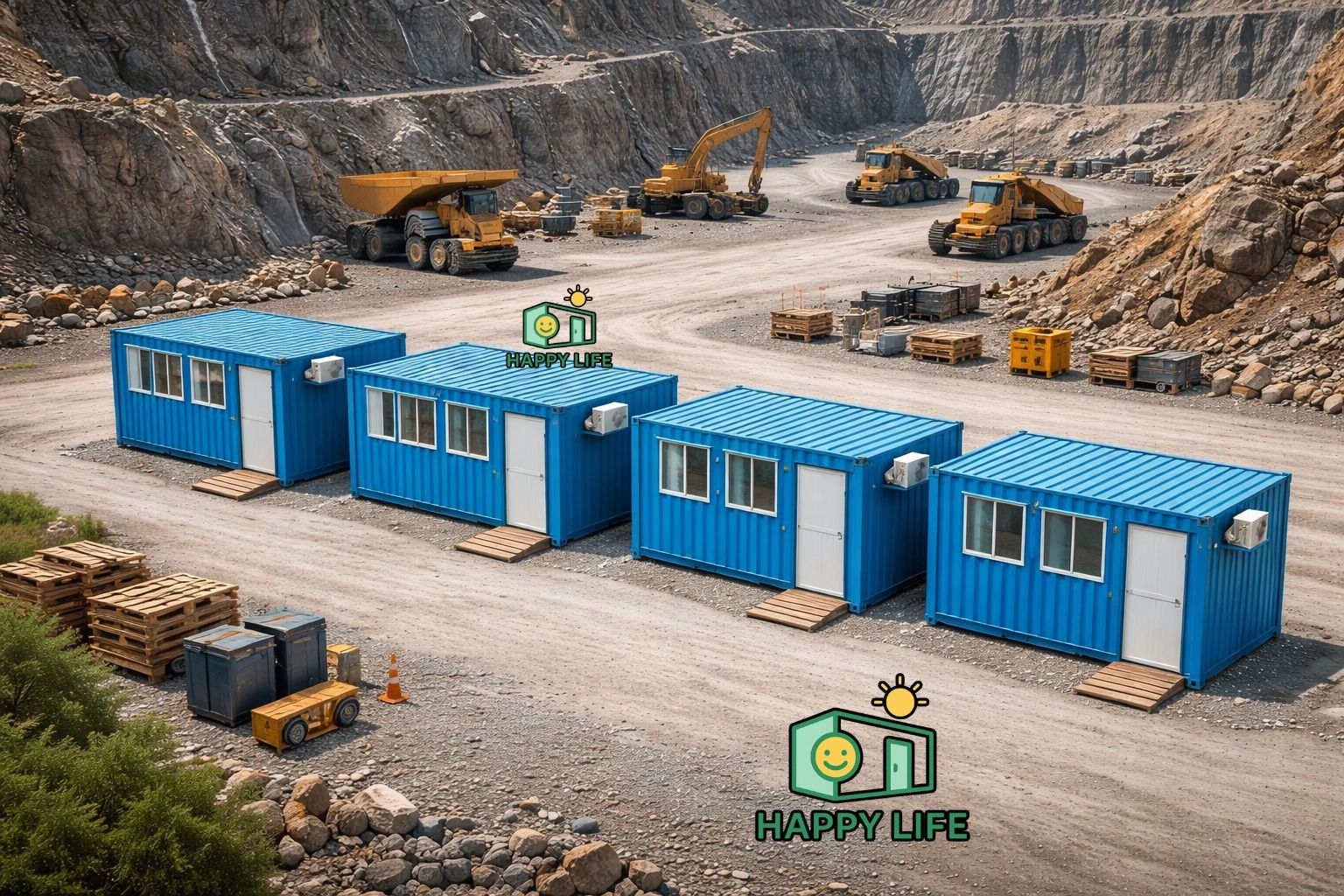 Blue portable cabins at a rocky construction site with heavy machinery.