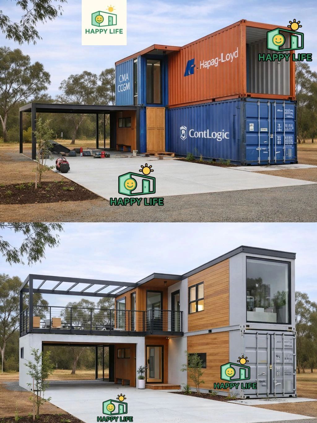 Before and after transformation of shipping containers into a modern home.