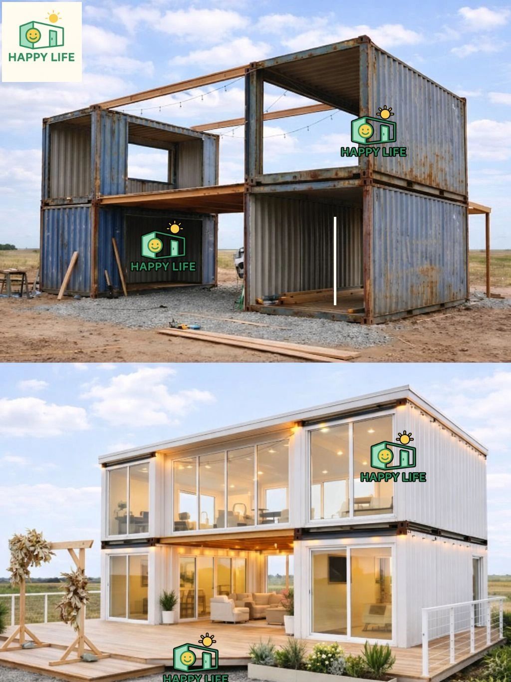 Before and after photos of a stylish container home transformation.