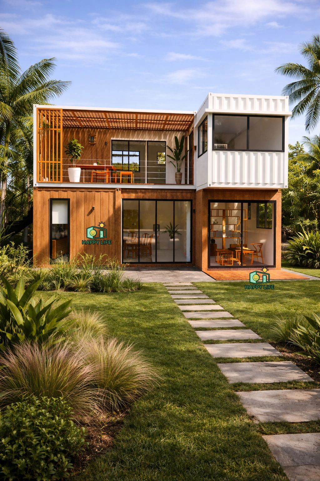 Modern two-story container house with wood and white exterior, surrounded by lush greenery.