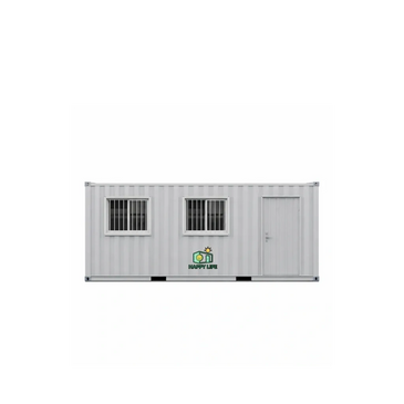 White container office with two barred windows and a door, branded with Happy Land logo.