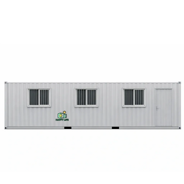 White portable container office with windows and a door.