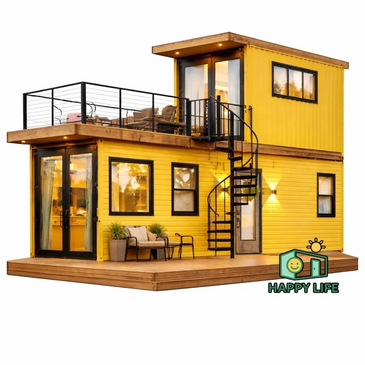 Modern yellow two-story tiny house with rooftop terrace and spiral staircase.